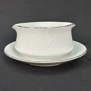 Crown Victoria 'Lovelace' Gravy Boat Attached Plate Double Spouts Platinum Trim